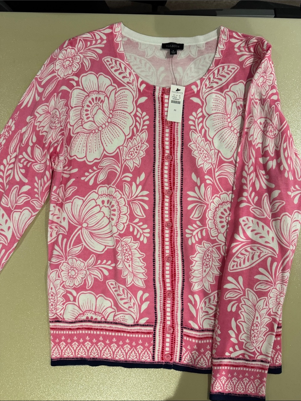 Talbots Pink & White Floral Button Cardigan